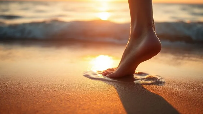 photorealistic, professional photography, 8K, cinematic lighting, sharp focus, depth of field, shot on a high-end DSLR. A person's bare feet sinking into warm, wet sand at the edge of the ocean, with the sun setting in the background, casting a golden glow over the water. The focus is on the textures of the sand and water, evoking a sense of calm and presence. No distractions, just nature. photorealistic, professional photography, 8K, cinematic lighting, sharp focus, depth of field, shot on a high-end DSLR. A person's bare feet sinking into warm, wet sand at the edge of the ocean, with the sun setting in the background, casting a golden glow over the water. The focus is on the textures of the sand and water, evoking a sense of calm and presence. No distractions, just nature.