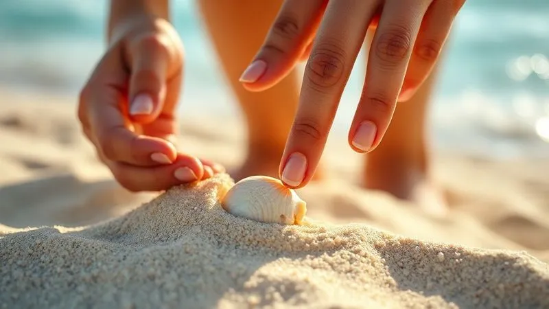 photorealistic, professional photography, 8K, cinematic lighting, sharp focus, depth of field, shot on a high-end DSLR. A close-up of a person's hands sifting through warm, pristine beach sand, with a beautiful, unique seashell being discovered. The background is a soft blur of turquoise ocean and sunlight, emphasizing the simple joy of discovery and being present. photorealistic, professional photography, 8K, cinematic lighting, sharp focus, depth of field, shot on a high-end DSLR. A close-up of a person's hands sifting through warm, pristine beach sand, with a beautiful, unique seashell being discovered. The background is a soft blur of turquoise ocean and sunlight, emphasizing the simple joy of discovery and being present.