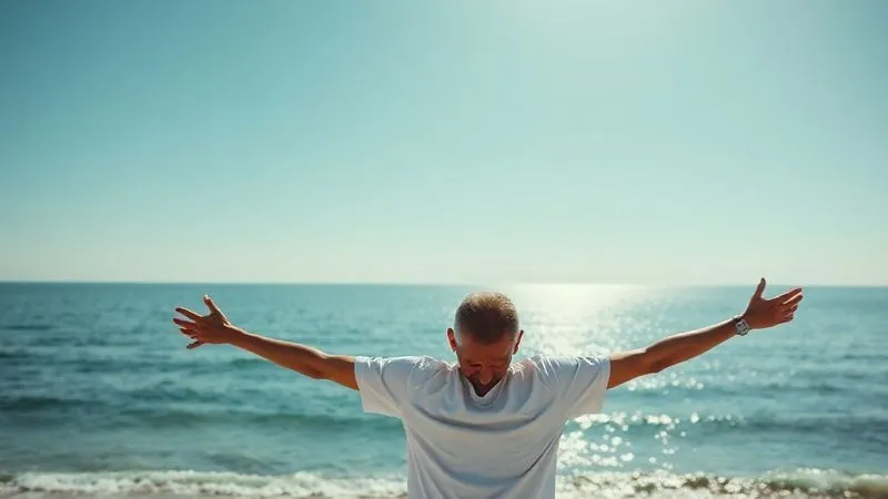 photorealistic, professional photography, 8K, cinematic lighting, sharp focus, depth of field, shot on a high-end DSLR. A person looking out at a vast, calm ocean horizon from a beach, with their arms outstretched in a gesture of freedom and serenity. The sun is high, casting a bright, optimistic light. The image conveys a feeling of peace, renewal, and boundless possibility after true disconnection. photorealistic, professional photography, 8K, cinematic lighting, sharp focus, depth of field, shot on a high-end DSLR. A person looking out at a vast, calm ocean horizon from a beach, with their arms outstretched in a gesture of freedom and serenity. The sun is high, casting a bright, optimistic light. The image conveys a feeling of peace, renewal, and boundless possibility after true disconnection.