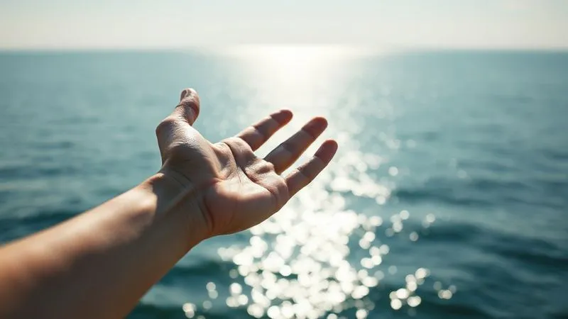 photorealistic, professional photography, 8K, cinematic lighting, sharp focus, depth of field, shot on a high-end DSLR. A person's hand reaching out towards a shimmering, distant horizon over a calm ocean, symbolizing letting go of worries and embracing freedom. The focus is on the hand and the vastness of the sea, with a soft, ethereal light. photorealistic, professional photography, 8K, cinematic lighting, sharp focus, depth of field, shot on a high-end DSLR. A person's hand reaching out towards a shimmering, distant horizon over a calm ocean, symbolizing letting go of worries and embracing freedom. The focus is on the hand and the vastness of the sea, with a soft, ethereal light.