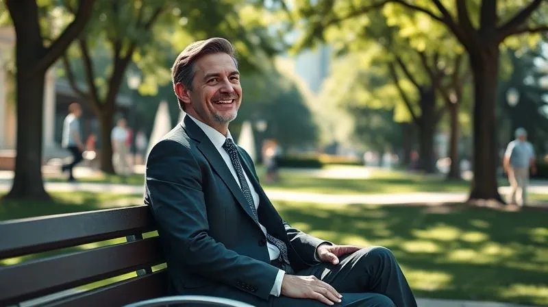 A photorealistic, professional photography, 8K, cinematic lighting, sharp focus, depth of field, shot on a high-end DSLR. A well-dressed executive in a crisp suit, looking relaxed and contemplative, enjoying a quiet moment on a bench in a beautifully maintained public park in a bustling city. Sunlight filters through the trees, creating dappled shadows. The executive is observing local life, perhaps people strolling or children playing, with a subtle smile, embodying peace and genuine engagement. A photorealistic, professional photography, 8K, cinematic lighting, sharp focus, depth of field, shot on a high-end DSLR. A well-dressed executive in a crisp suit, looking relaxed and contemplative, enjoying a quiet moment on a bench in a beautifully maintained public park in a bustling city. Sunlight filters through the trees, creating dappled shadows. The executive is observing local life, perhaps people strolling or children playing, with a subtle smile, embodying peace and genuine engagement.