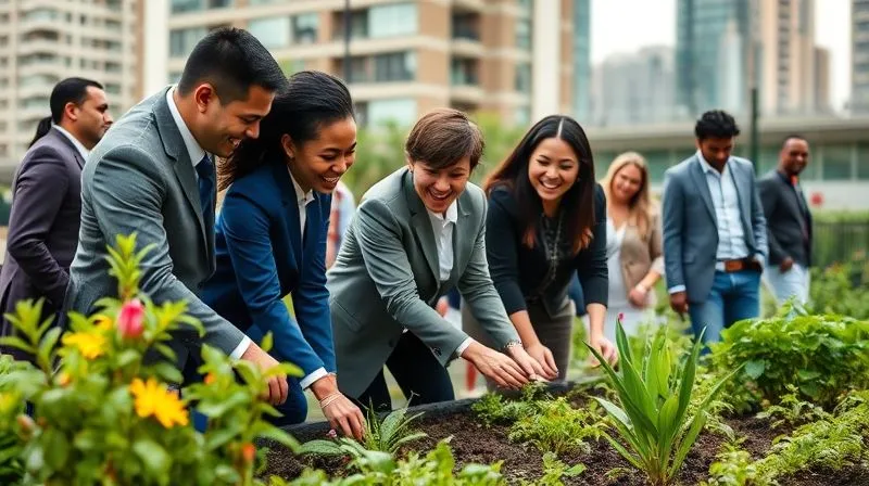 A photorealistic, professional photography, 8K, cinematic lighting, sharp focus, depth of field, shot on a high-end DSLR. A diverse group of professional-looking individuals, including an executive in smart casual attire, engaged in a vibrant community garden project in an urban setting. They are laughing and interacting while planting flowers or vegetables. The scene conveys genuine connection, purpose, and the joy of contributing to a local initiative, with green plants and city buildings in the background. A photorealistic, professional photography, 8K, cinematic lighting, sharp focus, depth of field, shot on a high-end DSLR. A diverse group of professional-looking individuals, including an executive in smart casual attire, engaged in a vibrant community garden project in an urban setting. They are laughing and interacting while planting flowers or vegetables. The scene conveys genuine connection, purpose, and the joy of contributing to a local initiative, with green plants and city buildings in the background.