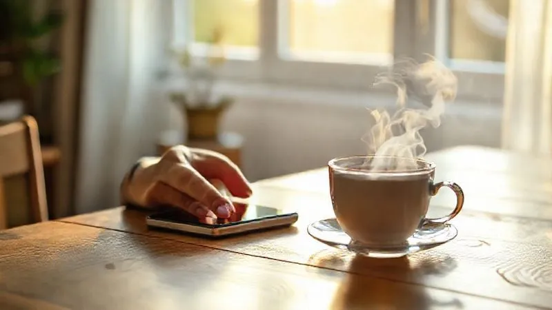 A photorealistic, professional photography, 8K, cinematic lighting, sharp focus, depth of field, shot on a high-end DSLR, depicting a person gently placing a smartphone face down on a wooden table next to a steaming cup of tea, with soft morning light streaming through a window. The background shows a peaceful, uncluttered living space, symbolizing mindful disconnection and a digital detox. A photorealistic, professional photography, 8K, cinematic lighting, sharp focus, depth of field, shot on a high-end DSLR, depicting a person gently placing a smartphone face down on a wooden table next to a steaming cup of tea, with soft morning light streaming through a window. The background shows a peaceful, uncluttered living space, symbolizing mindful disconnection and a digital detox.