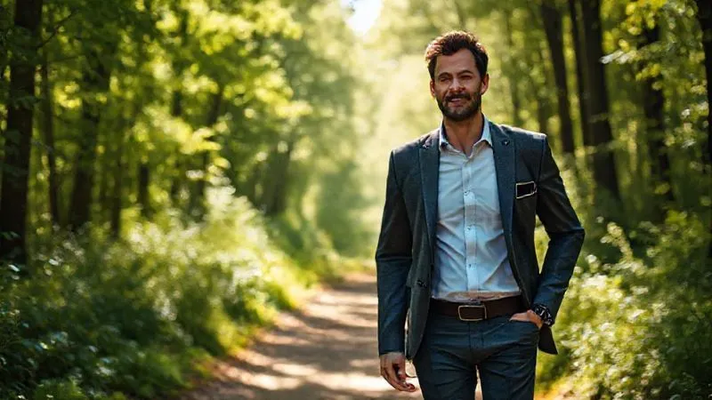 A photorealistic, professional photography, 8K, cinematic lighting, sharp focus, depth of field, shot on a high-end DSLR, depicting a professional in business casual attire taking a mindful walk through a sun-dappled forest path during a break. Their expression is serene, and a blurred smartphone is visible in their pocket, symbolizing a temporary disconnect from work, with lush greenery surrounding them. A photorealistic, professional photography, 8K, cinematic lighting, sharp focus, depth of field, shot on a high-end DSLR, depicting a professional in business casual attire taking a mindful walk through a sun-dappled forest path during a break. Their expression is serene, and a blurred smartphone is visible in their pocket, symbolizing a temporary disconnect from work, with lush greenery surrounding them.