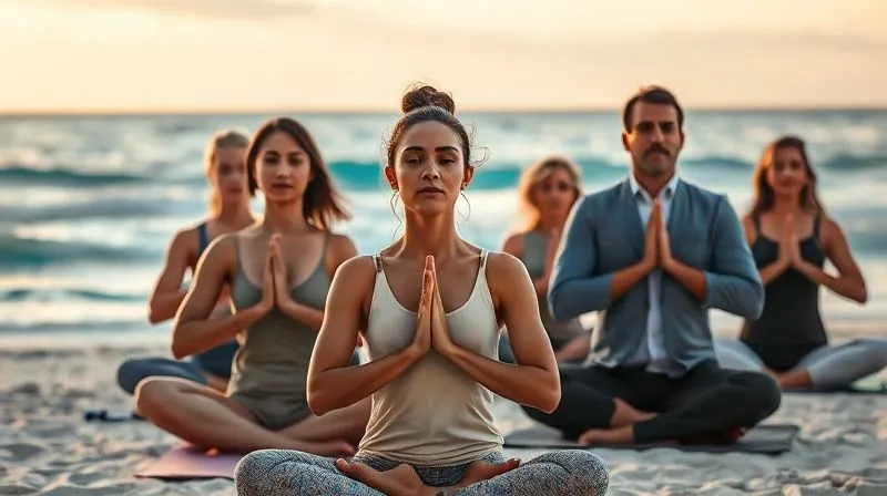 A photorealistic image showing a diverse group of professionals engaged in a mindful yoga session at sunrise on a pristine beach, surrounded by lush nature. Their expressions are serene and focused, embodying peace and inner strength. Cinematic lighting, sharp focus on the group, depth of field blurring the distant ocean. Shot on a high-end DSLR, 8K hyper-detailed. A photorealistic image showing a diverse group of professionals engaged in a mindful yoga session at sunrise on a pristine beach, surrounded by lush nature. Their expressions are serene and focused, embodying peace and inner strength. Cinematic lighting, sharp focus on the group, depth of field blurring the distant ocean. Shot on a high-end DSLR, 8K hyper-detailed.