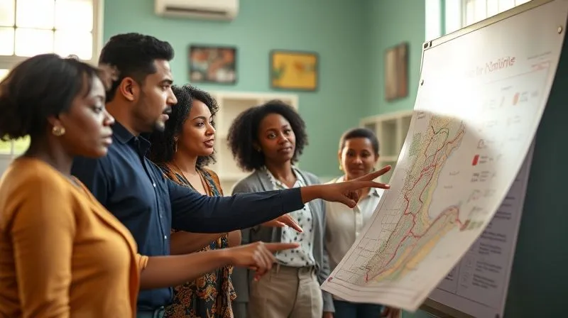 photorealistic, professional photography, 8K, cinematic lighting, sharp focus, depth of field, shot on a high-end DSLR, a diverse group of local community leaders and a skilled volunteer (mid-30s, professional attire) in a vibrant, sunlit community center, engaged in an animated discussion around a large map or whiteboard, pointing to areas of concern and opportunity, symbolizing collaborative needs assessment and local ownership, not external imposition. photorealistic, professional photography, 8K, cinematic lighting, sharp focus, depth of field, shot on a high-end DSLR, a diverse group of local community leaders and a skilled volunteer (mid-30s, professional attire) in a vibrant, sunlit community center, engaged in an animated discussion around a large map or whiteboard, pointing to areas of concern and opportunity, symbolizing collaborative needs assessment and local ownership, not external imposition.