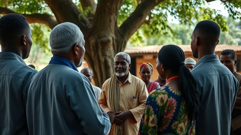 photorealistic, professional photography, 8K, cinematic lighting, sharp focus, depth of field, shot on a high-end DSLR, a charismatic local community leader (mid-40s, male or female, dressed in traditional yet professional attire) confidently addressing a group of attentive villagers and a few respectful international volunteers in an open-air setting, perhaps under a tree or in a community hall, symbolizing empowered local leadership and sustainable community development. photorealistic, professional photography, 8K, cinematic lighting, sharp focus, depth of field, shot on a high-end DSLR, a charismatic local community leader (mid-40s, male or female, dressed in traditional yet professional attire) confidently addressing a group of attentive villagers and a few respectful international volunteers in an open-air setting, perhaps under a tree or in a community hall, symbolizing empowered local leadership and sustainable community development.