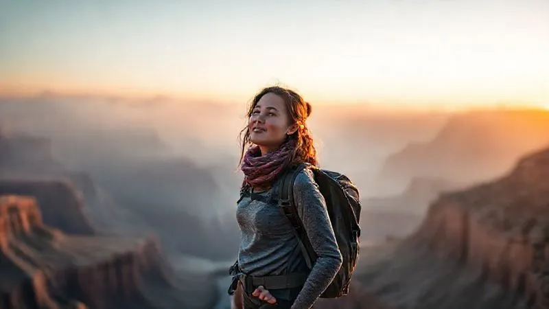 A photorealistic, professional photography shot of a solo female traveler (30s, diverse ethnicity) standing at the edge of a vast, misty canyon at dawn, looking out with a determined yet peaceful expression. She is wearing hiking gear. The sharp focus is on her, with the dramatic, awe-inspiring landscape blurred in the background. Cinematic lighting, depth of field, 8K hyper-detailed, shot on a high-end DSLR, conveying a sense of challenge overcome and personal strength. A photorealistic, professional photography shot of a solo female traveler (30s, diverse ethnicity) standing at the edge of a vast, misty canyon at dawn, looking out with a determined yet peaceful expression. She is wearing hiking gear. The sharp focus is on her, with the dramatic, awe-inspiring landscape blurred in the background. Cinematic lighting, depth of field, 8K hyper-detailed, shot on a high-end DSLR, conveying a sense of challenge overcome and personal strength.