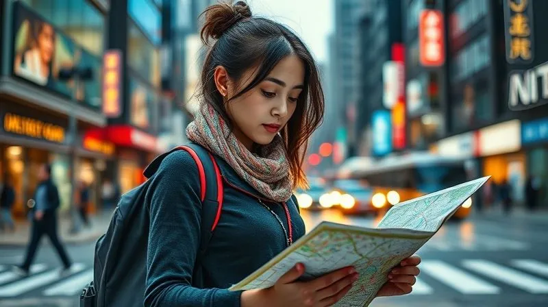 A photorealistic, professional photography, 8K, cinematic lighting, sharp focus, depth of field, shot on a high-end DSLR, depicting a lone traveler standing at a crossroads in a bustling foreign city, looking at a map with a determined yet thoughtful expression. The vibrant city life blurs slightly in the background, emphasizing her focused solitude and the challenge of navigation. A photorealistic, professional photography, 8K, cinematic lighting, sharp focus, depth of field, shot on a high-end DSLR, depicting a lone traveler standing at a crossroads in a bustling foreign city, looking at a map with a determined yet thoughtful expression. The vibrant city life blurs slightly in the background, emphasizing her focused solitude and the challenge of navigation.