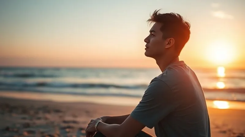 A photorealistic, professional photography, 8K, cinematic lighting, sharp focus, depth of field, shot on a high-end DSLR, depicting a person sitting alone on a peaceful beach at sunset, gazing contemplatively at the ocean. The soft, warm light illuminates their face, showing a sense of calm reflection and inner peace. The scene evokes introspection and self-acceptance. A photorealistic, professional photography, 8K, cinematic lighting, sharp focus, depth of field, shot on a high-end DSLR, depicting a person sitting alone on a peaceful beach at sunset, gazing contemplatively at the ocean. The soft, warm light illuminates their face, showing a sense of calm reflection and inner peace. The scene evokes introspection and self-acceptance.