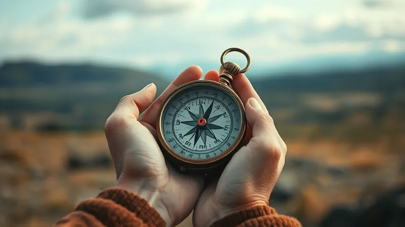 A photorealistic, professional photography, 8K, cinematic lighting, sharp focus, depth of field, shot on a high-end DSLR, depicting a person's hands holding an old, weathered compass pointing north, against a blurred background of a scenic, open landscape. The focus is on the compass and hands, symbolizing internal guidance and direction, rather than external validation. A photorealistic, professional photography, 8K, cinematic lighting, sharp focus, depth of field, shot on a high-end DSLR, depicting a person's hands holding an old, weathered compass pointing north, against a blurred background of a scenic, open landscape. The focus is on the compass and hands, symbolizing internal guidance and direction, rather than external validation.