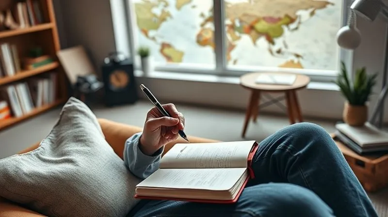 A photorealistic, professional photography, 8K, cinematic lighting, sharp focus, depth of field, shot on a high-end DSLR, depicting a person sitting comfortably in a well-lit, modern study, holding a pen and looking thoughtfully at a journal open on their lap. A world map or travel souvenirs are subtly visible in the background, symbolizing continued reflection and integration of experiences. A photorealistic, professional photography, 8K, cinematic lighting, sharp focus, depth of field, shot on a high-end DSLR, depicting a person sitting comfortably in a well-lit, modern study, holding a pen and looking thoughtfully at a journal open on their lap. A world map or travel souvenirs are subtly visible in the background, symbolizing continued reflection and integration of experiences.