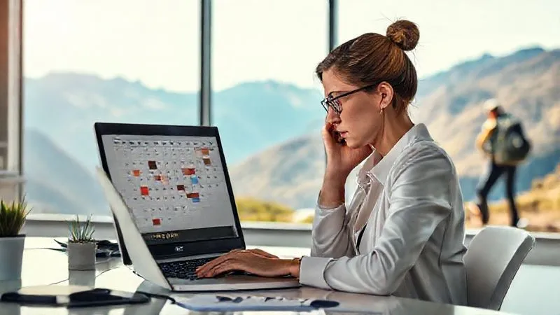 A photorealistic image of a professional woman in a modern, minimalist office, looking stressed at her laptop screen which displays a complex work calendar. In the background, out of focus, a vibrant, sun-drenched mountain landscape with a lone backpacker hiking a trail, representing her suppressed wanderlust. Cinematic lighting, 8K, sharp focus on the woman and her screen, depth of field blurring the background, shot on a high-end DSLR. A photorealistic image of a professional woman in a modern, minimalist office, looking stressed at her laptop screen which displays a complex work calendar. In the background, out of focus, a vibrant, sun-drenched mountain landscape with a lone backpacker hiking a trail, representing her suppressed wanderlust. Cinematic lighting, 8K, sharp focus on the woman and her screen, depth of field blurring the background, shot on a high-end DSLR.