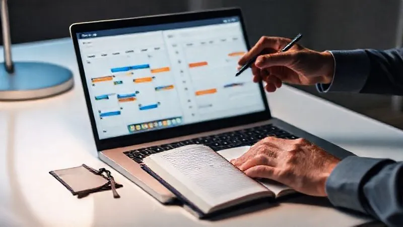 A photorealistic image of a sleek, minimalist desk setup. A professional's hands are visible, one holding a pen, the other hovering over a laptop keyboard. The laptop screen shows a split view: one side displays a calendar with color-coded "travel research" blocks, the other a preliminary solo travel itinerary. A small, elegant travel journal lies open beside the laptop. Cinematic lighting, sharp focus on the hands and screens, depth of field blurring the background, 8K, shot on a high-end DSLR. A photorealistic image of a sleek, minimalist desk setup. A professional's hands are visible, one holding a pen, the other hovering over a laptop keyboard. The laptop screen shows a split view: one side displays a calendar with color-coded "travel research" blocks, the other a preliminary solo travel itinerary. A small, elegant travel journal lies open beside the laptop. Cinematic lighting, sharp focus on the hands and screens, depth of field blurring the background, 8K, shot on a high-end DSLR.