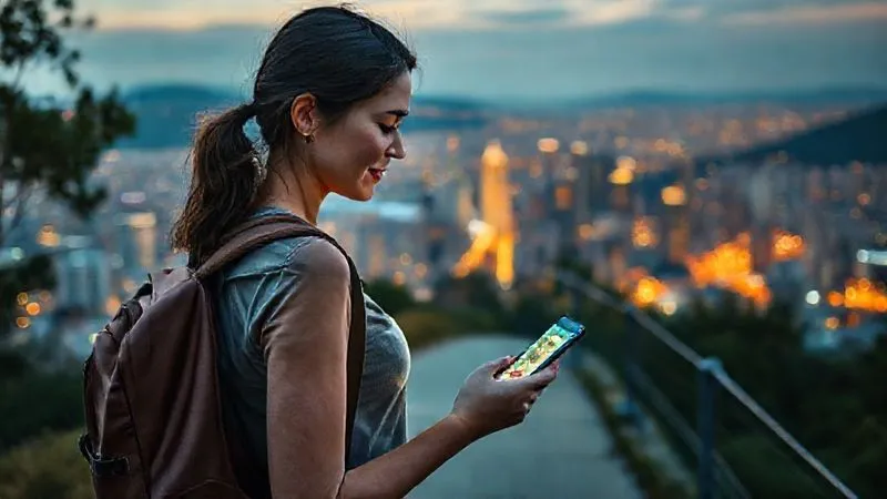 A photorealistic image of a solo female backpacker, looking confident and serene, checking a digital map on her smartphone while standing on a safe, well-maintained path overlooking a scenic, vibrant city at dusk. Her backpack is securely on her back. Cinematic lighting, warm glow, sharp focus on the woman and her phone, depth of field softly blurring the city lights in the background. 8K, shot on a high-end DSLR, professional photography. A photorealistic image of a solo female backpacker, looking confident and serene, checking a digital map on her smartphone while standing on a safe, well-maintained path overlooking a scenic, vibrant city at dusk. Her backpack is securely on her back. Cinematic lighting, warm glow, sharp focus on the woman and her phone, depth of field softly blurring the city lights in the background. 8K, shot on a high-end DSLR, professional photography.