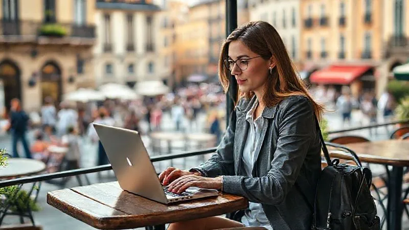 A photorealistic image of a professional woman, casually dressed in travel attire, sitting at a rustic outdoor cafe table overlooking a vibrant European city square. She has a sleek laptop open, engaged in focused work, but her gaze occasionally lifts to take in the bustling scene around her. A small backpack rests beside her chair. Cinematic lighting, warm afternoon sun, sharp focus on the woman and her laptop, depth of field softly blurring the background activity. 8K, shot on a high-end DSLR, professional photography. A photorealistic image of a professional woman, casually dressed in travel attire, sitting at a rustic outdoor cafe table overlooking a vibrant European city square. She has a sleek laptop open, engaged in focused work, but her gaze occasionally lifts to take in the bustling scene around her. A small backpack rests beside her chair. Cinematic lighting, warm afternoon sun, sharp focus on the woman and her laptop, depth of field softly blurring the background activity. 8K, shot on a high-end DSLR, professional photography.