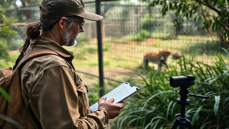 Photorealistic, professional photography, 8K, cinematic lighting, sharp focus, depth of field, shot on a high-end DSLR. An ecotourism specialist, wearing practical outdoor gear, attentively observing a spacious, naturalistic enclosure for rescued big cats, clipboard in hand, noting details of animal behavior and habitat enrichment. The scene shows lush vegetation and a hidden camera, symbolizing discreet monitoring. Photorealistic, professional photography, 8K, cinematic lighting, sharp focus, depth of field, shot on a high-end DSLR. An ecotourism specialist, wearing practical outdoor gear, attentively observing a spacious, naturalistic enclosure for rescued big cats, clipboard in hand, noting details of animal behavior and habitat enrichment. The scene shows lush vegetation and a hidden camera, symbolizing discreet monitoring.