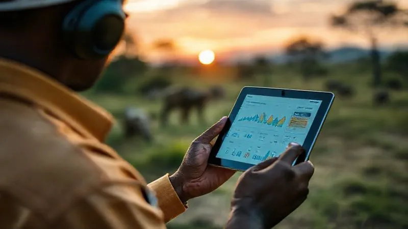 Photorealistic, professional photography, 8K, cinematic lighting, sharp focus, depth of field, shot on a high-end DSLR. An ecotourism professional reviewing data on a tablet, with a blurred background of a serene wildlife sanctuary at sunset, symbolizing ongoing monitoring and commitment to continuous improvement. The tablet screen shows graphs and metrics related to animal welfare. Photorealistic, professional photography, 8K, cinematic lighting, sharp focus, depth of field, shot on a high-end DSLR. An ecotourism professional reviewing data on a tablet, with a blurred background of a serene wildlife sanctuary at sunset, symbolizing ongoing monitoring and commitment to continuous improvement. The tablet screen shows graphs and metrics related to animal welfare.