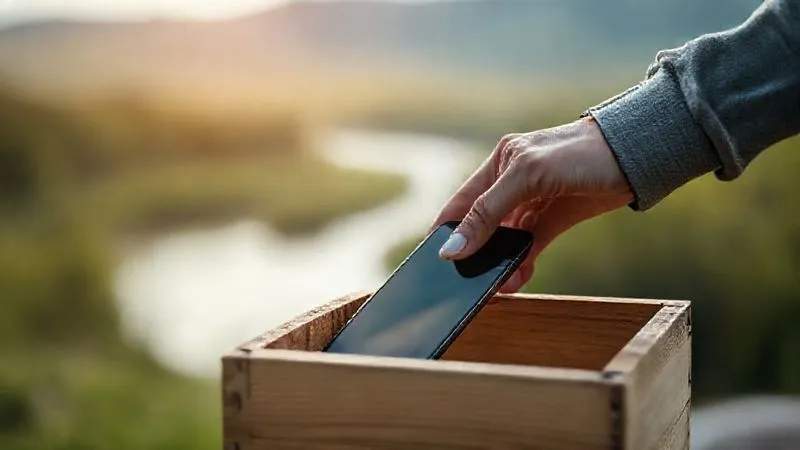A photorealistic shot of a person's hands gently placing a smartphone into a wooden box, symbolizing a digital detox. The background is a blurred, serene natural landscape, 8K, cinematic lighting, sharp focus on the hands and box, depth of field, shot on a high-end DSLR. A photorealistic shot of a person's hands gently placing a smartphone into a wooden box, symbolizing a digital detox. The background is a blurred, serene natural landscape, 8K, cinematic lighting, sharp focus on the hands and box, depth of field, shot on a high-end DSLR.