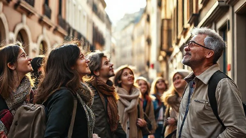 A photorealistic image capturing the essence of local immersion: a diverse group of people (ambiguous ages) on a free guided walking tour through a vibrant historic city street, looking up at unique architecture with expressions of awe and curiosity. The guide is pointing to a detail on a building. Cinematic lighting, soft morning light, sharp focus on the group and architecture, depth of field, 8K hyper-detailed, shot on a high-end DSLR.