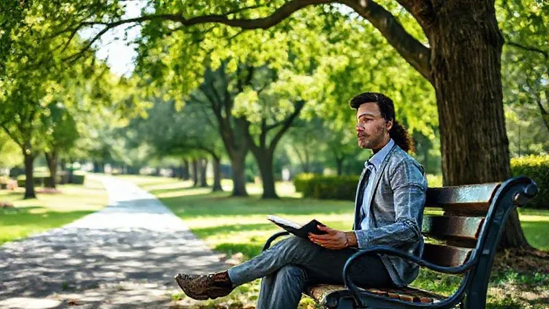A photorealistic image of a professional person (mid-career, diverse) sitting on a park bench under a large tree, looking contemplative yet relaxed, with a notebook open beside them. The background is a beautifully manicured public park with dappled sunlight, a path winding into the distance. Cinematic lighting, sharp focus on the person, depth of field blurring the background, 8K hyper-detailed, shot on a high-end DSLR. The scene evokes peace and reflection.