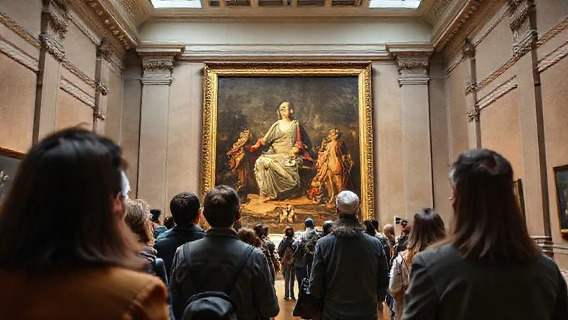 A photorealistic image inside a grand, well-lit museum, with a diverse group of people (ambiguous ages, professional appearance) admiring a large classical painting. The atmosphere is quiet and contemplative. Cinematic lighting highlights the artwork and the faces of the viewers, sharp focus on the painting and foreground people, depth of field blurring the background, 8K hyper-detailed, shot on a high-end DSLR. The scene conveys intellectual curiosity and cultural engagement.