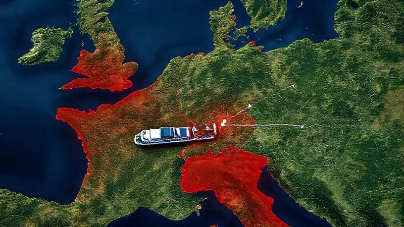 A photorealistic satellite map view of a major European river (e.g., Rhine or Danube) with sections highlighted in red indicating dangerously low water levels. A miniature river cruise ship icon is shown halted at one such section, with a dotted line indicating a bus diversion route on land. The overall mood is serious and informative, 8K, cinematic lighting, sharp focus, depth of field, professional photography. A photorealistic satellite map view of a major European river (e.g., Rhine or Danube) with sections highlighted in red indicating dangerously low water levels. A miniature river cruise ship icon is shown halted at one such section, with a dotted line indicating a bus diversion route on land. The overall mood is serious and informative, 8K, cinematic lighting, sharp focus, depth of field, professional photography.