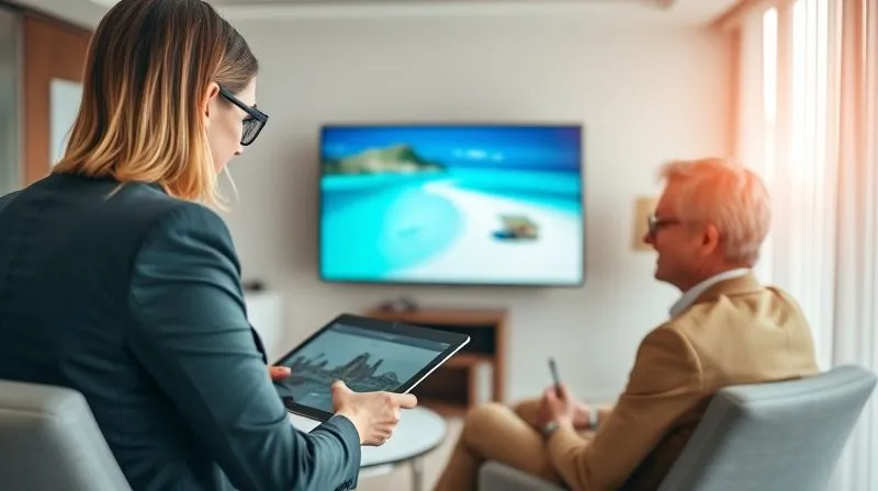 A sophisticated, well-dressed female travel advisor in a modern, elegant office, engaged in a focused conversation with a discerning client. They are reviewing a digital presentation of a pristine beach, with a subtle hint of luxury in the background. Photorealistic, professional photography, 8K, cinematic lighting, sharp focus on their interaction, depth of field blurring the office, shot on a high-end DSLR. A sophisticated, well-dressed female travel advisor in a modern, elegant office, engaged in a focused conversation with a discerning client. They are reviewing a digital presentation of a pristine beach, with a subtle hint of luxury in the background. Photorealistic, professional photography, 8K, cinematic lighting, sharp focus on their interaction, depth of field blurring the office, shot on a high-end DSLR.