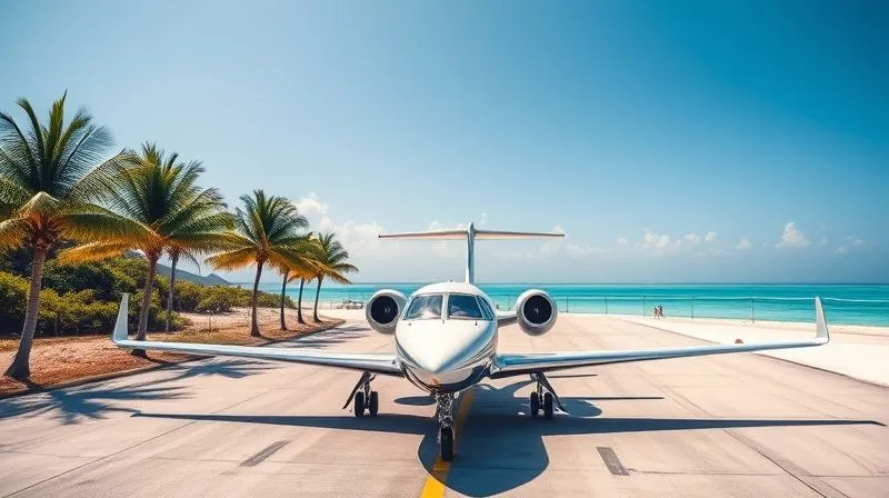 A sleek, modern private jet with a distinctive livery, positioned on a sun-drenched tarmac of a small, exclusive island airfield. Palm trees line the runway, and the turquoise ocean is visible in the background under a clear blue sky. Photorealistic, professional photography, 8K, cinematic lighting, sharp focus on the jet, depth of field blurring the background, shot on a high-end DSLR. A sleek, modern private jet with a distinctive livery, positioned on a sun-drenched tarmac of a small, exclusive island airfield. Palm trees line the runway, and the turquoise ocean is visible in the background under a clear blue sky. Photorealistic, professional photography, 8K, cinematic lighting, sharp focus on the jet, depth of field blurring the background, shot on a high-end DSLR.
