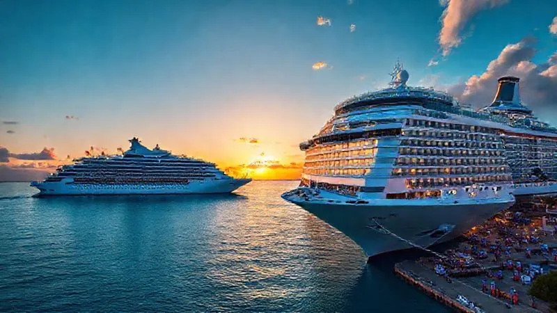 photorealistic, professional photography, 8K, cinematic lighting, sharp focus, depth of field, shot on a high-end DSLR, a striking visual contrast between a luxurious, sleek, modern cruise ship sailing through calm, turquoise waters at sunset, and a bustling, vibrant, mainstream cruise ship docked in a lively Caribbean port during the day. The luxury ship conveys exclusivity and tranquility, while the mainstream ship suggests excitement and activity. Both are seen from a slight aerial perspective, highlighting their distinct scales and atmospheres. photorealistic, professional photography, 8K, cinematic lighting, sharp focus, depth of field, shot on a high-end DSLR, a striking visual contrast between a luxurious, sleek, modern cruise ship sailing through calm, turquoise waters at sunset, and a bustling, vibrant, mainstream cruise ship docked in a lively Caribbean port during the day. The luxury ship conveys exclusivity and tranquility, while the mainstream ship suggests excitement and activity. Both are seen from a slight aerial perspective, highlighting their distinct scales and atmospheres.
