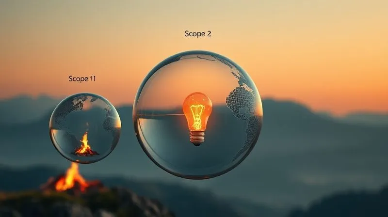 photorealistic, professional photography, 8K, cinematic lighting, sharp focus, depth of field, shot on a high-end DSLR. A conceptual image showing three distinct, transparent bubbles representing Scope 1 (a small campfire), Scope 2 (a glowing lightbulb connected to a distant power grid), and Scope 3 (a complex network of global travel paths, supply chains, and waste bins), all interconnected and forming a larger, glowing sphere, against a backdrop of a pristine natural landscape, symbolizing the comprehensive nature of carbon footprint measurement. photorealistic, professional photography, 8K, cinematic lighting, sharp focus, depth of field, shot on a high-end DSLR. A conceptual image showing three distinct, transparent bubbles representing Scope 1 (a small campfire), Scope 2 (a glowing lightbulb connected to a distant power grid), and Scope 3 (a complex network of global travel paths, supply chains, and waste bins), all interconnected and forming a larger, glowing sphere, against a backdrop of a pristine natural landscape, symbolizing the comprehensive nature of carbon footprint measurement.