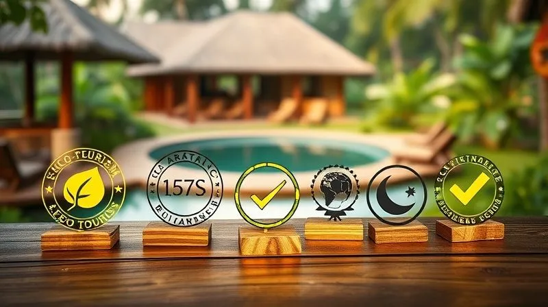 photorealistic, professional photography, 8K, cinematic lighting, sharp focus, depth of field, shot on a high-end DSLR. A collection of stylized, glowing badges and logos representing various eco-tourism certifications (e.g., a green leaf, a globe, a checkmark) arranged on a natural wooden surface, with a blurred background of a serene, sustainable resort. The badges should appear authoritative and trustworthy, symbolizing validation and industry recognition in the eco-tourism sector. photorealistic, professional photography, 8K, cinematic lighting, sharp focus, depth of field, shot on a high-end DSLR. A collection of stylized, glowing badges and logos representing various eco-tourism certifications (e.g., a green leaf, a globe, a checkmark) arranged on a natural wooden surface, with a blurred background of a serene, sustainable resort. The badges should appear authoritative and trustworthy, symbolizing validation and industry recognition in the eco-tourism sector.