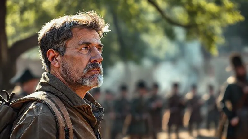 A photorealistic, professional photography, 8K, cinematic lighting, sharp focus, depth of field image shot on a high-end DSLR of a thoughtful traveler, observing a historical reenactment from a respectful distance, with an expression of deep concentration and curiosity, sunlight filtering through trees onto the scene.