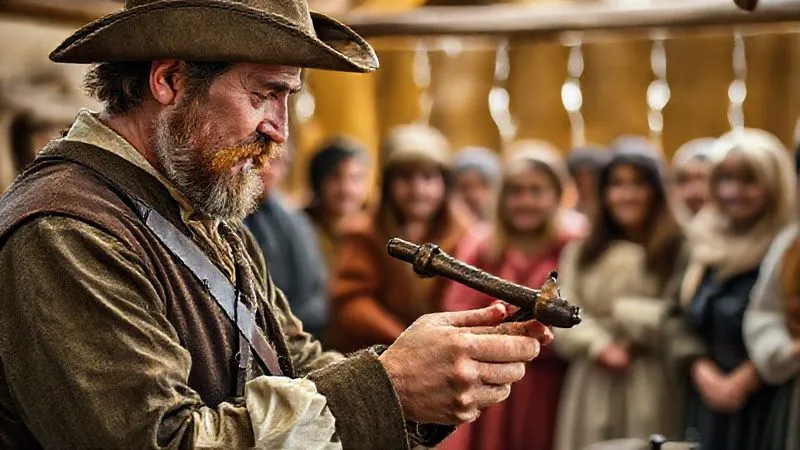 A photorealistic, professional photography, 8K, cinematic lighting, sharp focus, depth of field image shot on a high-end DSLR of a reenactor in full period costume, holding an antique tool, explaining its use to a small group of attentive and curious visitors, with a warm, engaging expression. The setting is a historically accurate workshop or encampment.