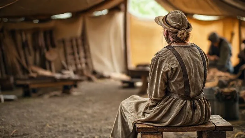 A photorealistic, professional photography, 8K, cinematic lighting, sharp focus, depth of field image shot on a high-end DSLR of a traveler, dressed in simple, period-inspired natural fiber clothing (not a full costume), sitting respectfully on a wooden bench in a historical encampment, observing a craft demonstration with genuine interest, blending seamlessly into the background without being a reenactor.