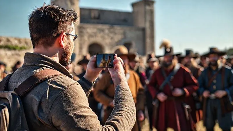 A photorealistic, professional photography, 8K, cinematic lighting, sharp focus, depth of field image shot on a high-end DSLR of a modern tourist, conspicuously holding a smartphone and taking a selfie, standing slightly out of place amidst a group of historically accurate reenactors engaged in a period activity, subtly highlighting the contrast and potential for superficial engagement.