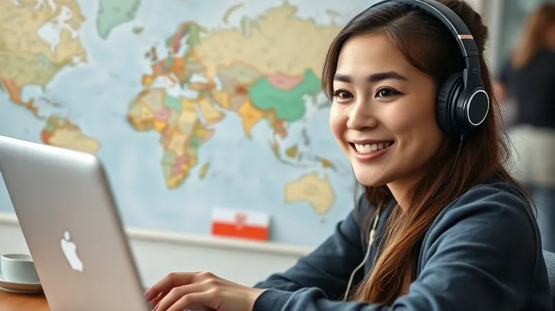 A photorealistic image of a young woman with headphones and a laptop, video calling with a native speaker for language practice. She is smiling and engaged, with a travel map subtly visible in the background. Professional photography, 8K, cinematic lighting, sharp focus on her face, depth of field blurring the background, shot on a high-end DSLR. A photorealistic image of a young woman with headphones and a laptop, video calling with a native speaker for language practice. She is smiling and engaged, with a travel map subtly visible in the background. Professional photography, 8K, cinematic lighting, sharp focus on her face, depth of field blurring the background, shot on a high-end DSLR.