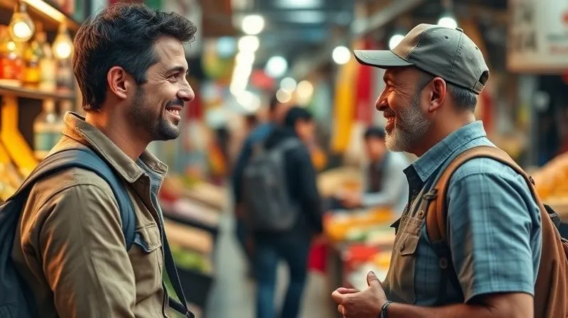 A photorealistic image of a traveler politely declining an offer to speak English, gesturing gently with a hand while smiling and attempting to speak in a foreign language with a local shopkeeper in a bustling market. Professional photography, 8K, cinematic lighting, sharp focus on the interaction, depth of field blurring the market background, shot on a high-end DSLR. A photorealistic image of a traveler politely declining an offer to speak English, gesturing gently with a hand while smiling and attempting to speak in a foreign language with a local shopkeeper in a bustling market. Professional photography, 8K, cinematic lighting, sharp focus on the interaction, depth of field blurring the market background, shot on a high-end DSLR.