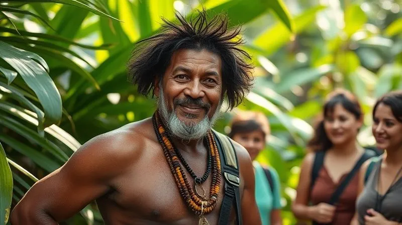 A photorealistic image of an indigenous community leader, with a wise, kind expression, standing proudly amidst lush rainforest foliage, engaging with a small group of eco-tourists. The scene is bathed in warm, natural light, emphasizing cultural exchange and respect. 8K, cinematic lighting, sharp focus, depth of field, professional photography. A photorealistic image of an indigenous community leader, with a wise, kind expression, standing proudly amidst lush rainforest foliage, engaging with a small group of eco-tourists. The scene is bathed in warm, natural light, emphasizing cultural exchange and respect. 8K, cinematic lighting, sharp focus, depth of field, professional photography.