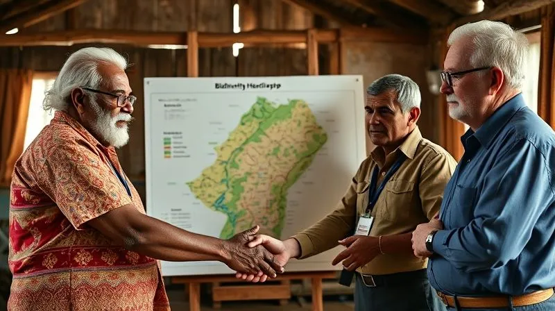 A photorealistic, professional photograph of diverse individuals (a local community elder, a conservation scientist, a tourism entrepreneur, and a government official) shaking hands around a large, detailed map of a biodiversity hotspot. The setting is a rustic but well-lit community center, symbolizing collaboration and shared vision. 8K, cinematic lighting, sharp focus, depth of field, professional photography. A photorealistic, professional photograph of diverse individuals (a local community elder, a conservation scientist, a tourism entrepreneur, and a government official) shaking hands around a large, detailed map of a biodiversity hotspot. The setting is a rustic but well-lit community center, symbolizing collaboration and shared vision. 8K, cinematic lighting, sharp focus, depth of field, professional photography.