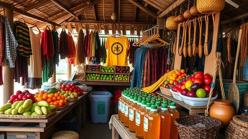 A photorealistic, professional photograph of a vibrant, bustling local market stall in a biodiversity hotspot. The stall is laden with colorful, sustainably sourced products: organic fruits, handcrafted textiles, small bottles of local honey, and unique artisanal carvings. Sunlight filters through a thatched roof, highlighting the rich textures and natural materials. 8K, cinematic lighting, sharp focus, depth of field, professional photography. A photorealistic, professional photograph of a vibrant, bustling local market stall in a biodiversity hotspot. The stall is laden with colorful, sustainably sourced products: organic fruits, handcrafted textiles, small bottles of local honey, and unique artisanal carvings. Sunlight filters through a thatched roof, highlighting the rich textures and natural materials. 8K, cinematic lighting, sharp focus, depth of field, professional photography.
