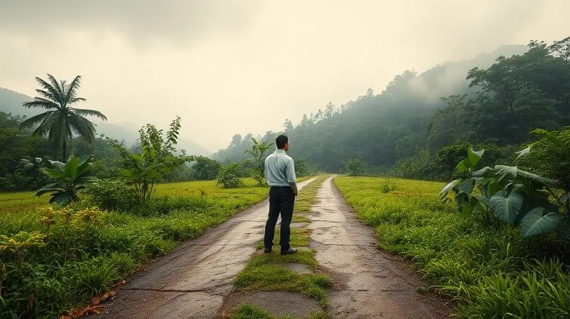 A photorealistic image of a lone, determined figure standing at a crossroads in a lush, biodiverse landscape. One path is clear and paved, leading to a modern, but sterile, structure. The other path is overgrown but leads towards a vibrant, untouched forest. The figure is looking thoughtfully at the overgrown path, symbolizing the difficult but rewarding choice for sustainable development. The scene is dramatic, with cinematic lighting and a slight mist. 8K, cinematic lighting, sharp focus, depth of field, professional photography. A photorealistic image of a lone, determined figure standing at a crossroads in a lush, biodiverse landscape. One path is clear and paved, leading to a modern, but sterile, structure. The other path is overgrown but leads towards a vibrant, untouched forest. The figure is looking thoughtfully at the overgrown path, symbolizing the difficult but rewarding choice for sustainable development. The scene is dramatic, with cinematic lighting and a slight mist. 8K, cinematic lighting, sharp focus, depth of field, professional photography.