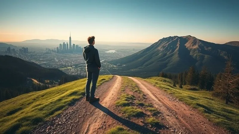 A photorealistic image of a person standing at a crossroads, one path leading to a bustling city skyline and another to a serene mountain trail, symbolizing a thoughtful career decision. Cinematic lighting, sharp focus, depth of field, 8K, professional photography, shot on a high-end DSLR. A photorealistic image of a person standing at a crossroads, one path leading to a bustling city skyline and another to a serene mountain trail, symbolizing a thoughtful career decision. Cinematic lighting, sharp focus, depth of field, 8K, professional photography, shot on a high-end DSLR.