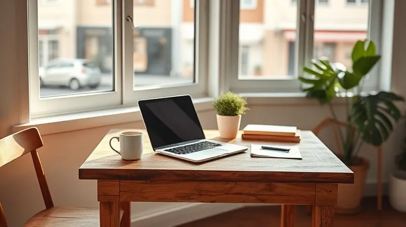 A photorealistic image of a minimalist yet functional digital nomad workspace set up on a rustic wooden table in a sunlit room, with a laptop, a cup of coffee, and a small plant. A window in the background reveals a glimpse of a vibrant, foreign city street. Professional photography, 8K, cinematic lighting, sharp focus, depth of field, shot on a high-end DSLR. A photorealistic image of a minimalist yet functional digital nomad workspace set up on a rustic wooden table in a sunlit room, with a laptop, a cup of coffee, and a small plant. A window in the background reveals a glimpse of a vibrant, foreign city street. Professional photography, 8K, cinematic lighting, sharp focus, depth of field, shot on a high-end DSLR.