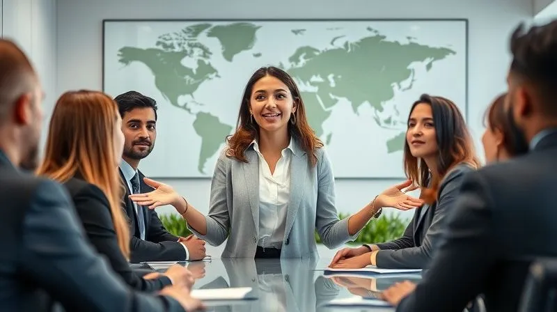 A photorealistic image of a professional woman in a modern office, confidently presenting to a diverse team, with subtle visual cues in the background (e.g., a world map or a piece of international art) hinting at her global perspective. Professional photography, 8K, cinematic lighting, sharp focus on the presenter, depth of field, shot on a high-end DSLR. A photorealistic image of a professional woman in a modern office, confidently presenting to a diverse team, with subtle visual cues in the background (e.g., a world map or a piece of international art) hinting at her global perspective. Professional photography, 8K, cinematic lighting, sharp focus on the presenter, depth of field, shot on a high-end DSLR.