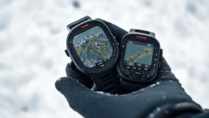 A close-up, photorealistic shot of a gloved hand holding a modern altimeter and GPS device in a dense whiteout, the screen showing a detailed topographic map with a highlighted route. The background is a swirling blur of white. Professional photography, 8K, cinematic lighting, sharp focus on the devices and hand, depth of field, shot on a high-end DSLR. A close-up, photorealistic shot of a gloved hand holding a modern altimeter and GPS device in a dense whiteout, the screen showing a detailed topographic map with a highlighted route. The background is a swirling blur of white. Professional photography, 8K, cinematic lighting, sharp focus on the devices and hand, depth of field, shot on a high-end DSLR.