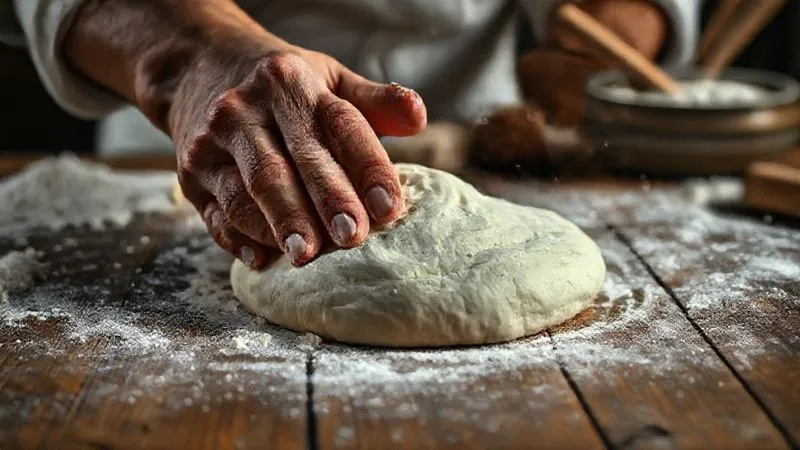 Close-up, photorealistic image of hands expertly kneading dough on a rustic wooden table, flour dust subtly in the air, with traditional cooking utensils in the background, cinematic lighting highlighting the texture of the dough, sharp focus, depth of field, 8K, shot on a high-end DSLR. Close-up, photorealistic image of hands expertly kneading dough on a rustic wooden table, flour dust subtly in the air, with traditional cooking utensils in the background, cinematic lighting highlighting the texture of the dough, sharp focus, depth of field, 8K, shot on a high-end DSLR.