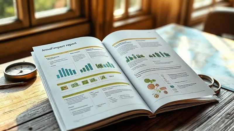 A photorealistic image of a professional, detailed annual impact report for an eco-adventure company, open on a wooden table next to a compass and a map, with sunlight streaming through a window. The report showcases graphs, figures, and narratives about conservation efforts, community development, and carbon footprint reduction. Sharp focus on the report's data, depth of field blurring the background, 8K, cinematic lighting, shot on a high-end DSLR. A photorealistic image of a professional, detailed annual impact report for an eco-adventure company, open on a wooden table next to a compass and a map, with sunlight streaming through a window. The report showcases graphs, figures, and narratives about conservation efforts, community development, and carbon footprint reduction. Sharp focus on the report's data, depth of field blurring the background, 8K, cinematic lighting, shot on a high-end DSLR.