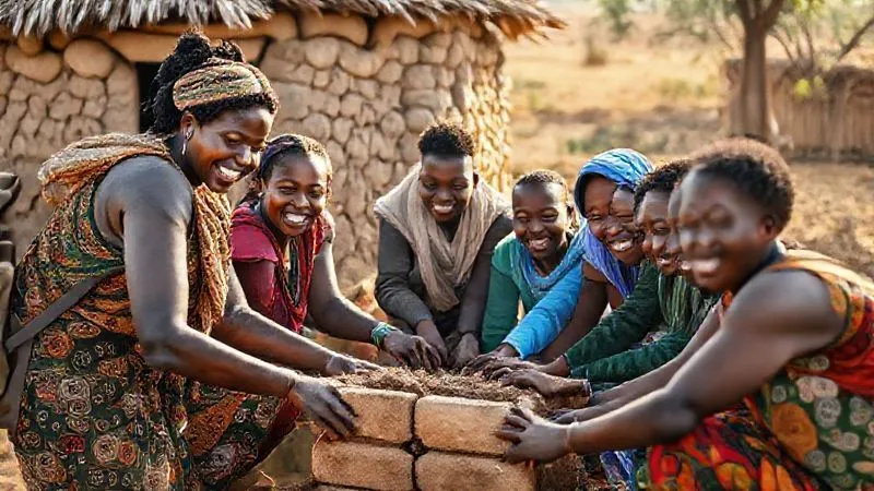 A photorealistic, professional photography, 8K, cinematic lighting, sharp focus, depth of field, shot on a high-end DSLR, depicting a joyful scene of local community members in a rural African village collaborating with a diverse group of adventure travelers. They are collectively building a small, sustainable structure or participating in a clean-up project, with smiles and shared purpose. The image emphasizes genuine interaction and mutual respect, with vibrant natural light. A photorealistic, professional photography, 8K, cinematic lighting, sharp focus, depth of field, shot on a high-end DSLR, depicting a joyful scene of local community members in a rural African village collaborating with a diverse group of adventure travelers. They are collectively building a small, sustainable structure or participating in a clean-up project, with smiles and shared purpose. The image emphasizes genuine interaction and mutual respect, with vibrant natural light.