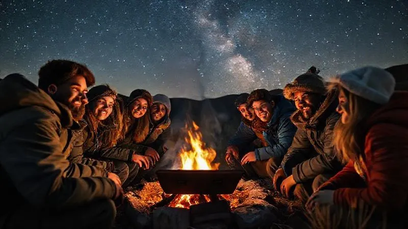 A photorealistic image of a diverse group of travelers, eyes sparkling with interest, gathered around a campfire in a remote, pristine natural setting, actively engaging in a live Q&A session with a knowledgeable guide via a rugged satellite tablet. The scene is bathed in warm, cinematic lighting, with the Milky Way visible above. Sharp focus on the faces and the tablet, depth of field blurring the background, 8K, shot on a high-end DSLR. A photorealistic image of a diverse group of travelers, eyes sparkling with interest, gathered around a campfire in a remote, pristine natural setting, actively engaging in a live Q&A session with a knowledgeable guide via a rugged satellite tablet. The scene is bathed in warm, cinematic lighting, with the Milky Way visible above. Sharp focus on the faces and the tablet, depth of field blurring the background, 8K, shot on a high-end DSLR.